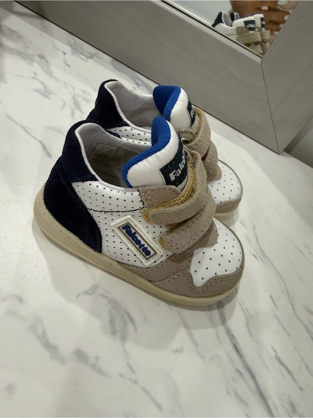 Falcotto baby  Beige White Navy Velcro Sneakers with Blue Accentl